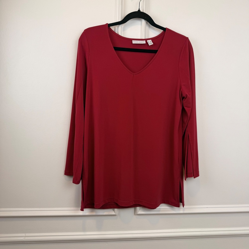Susan Graver Liquid Knit V-Neck Tunic Top Red Long Sleeve A456416 Womens MP